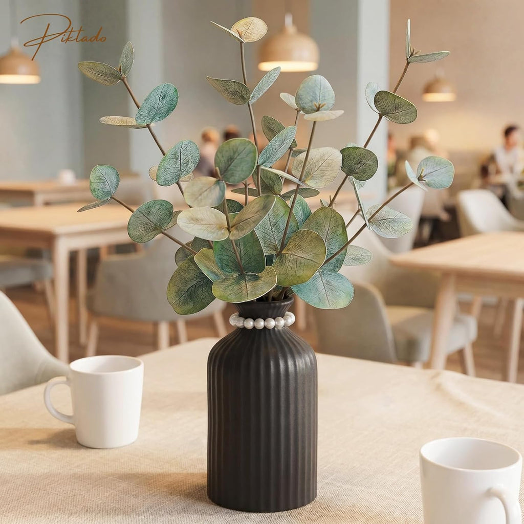 Artificial Eucalyptus Stems in Vase, Faux Plants with Frosted Ceramic Vase, Nordic Style Fake Green Plants with Bottle Set for Home Decor Indoor Centerpiece (Green Eucalyptus with Black Vase)