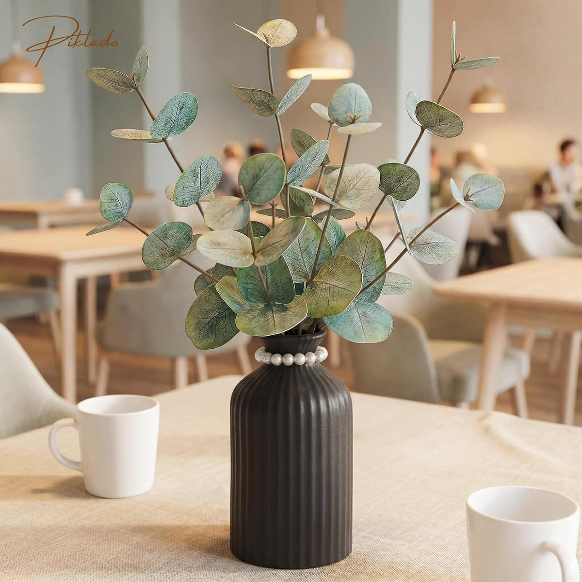 Artificial Eucalyptus Stems in Vase, Faux Plants with Frosted Ceramic Vase, Nordic Style Fake Green Plants with Bottle Set for Home Decor Indoor Centerpiece (Green Eucalyptus with Black Vase)