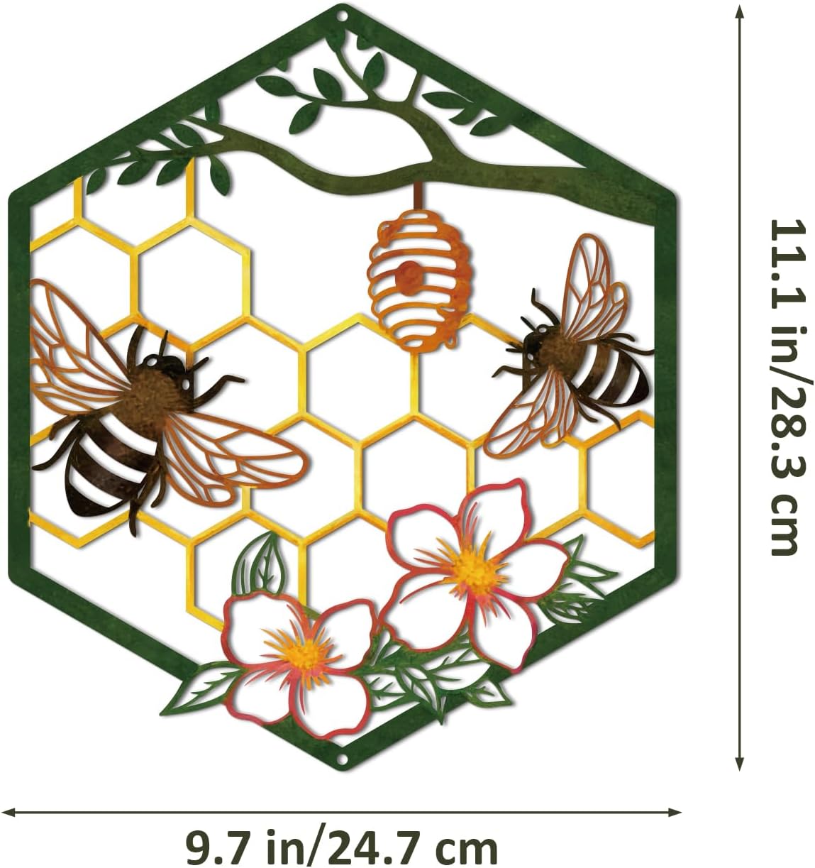 ruelen Metal Bee Wall Art-Farmhouse Honey Bee Hives with Flowers Wall Decor
