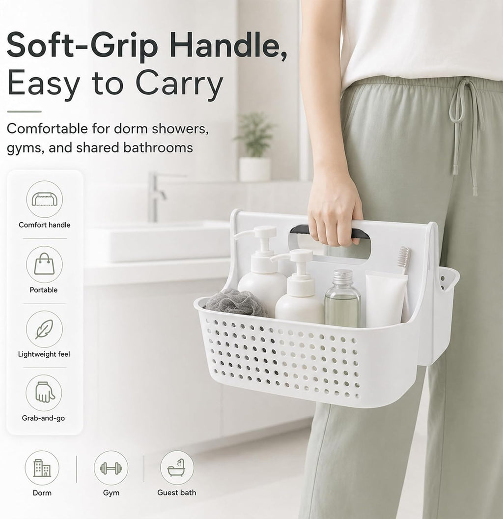 Haundry Portable Shower Caddy Basket, 2 Compartments Plastic Cleaning Caddy Organizer, Large Storage Tote with Handle for Bathroom, College, Dorm Room Essentials, White