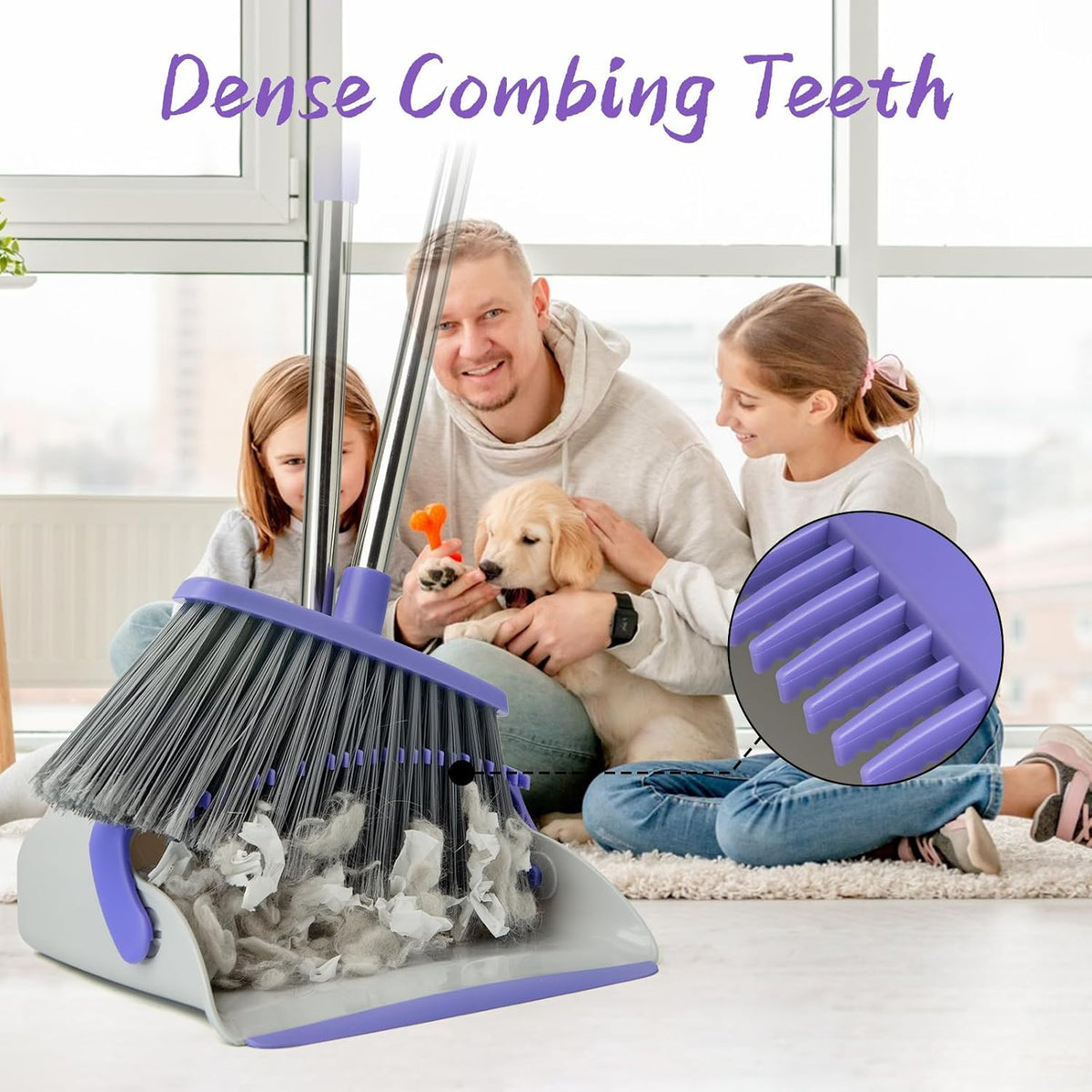 Broom and Dustpan Set with 51" Adjustable Long Handle-Gray Purple