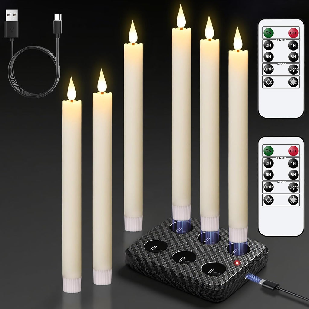 GenSwin Rechargeable Flameless Taper Candles Charging Base & 2 Remote Ivory