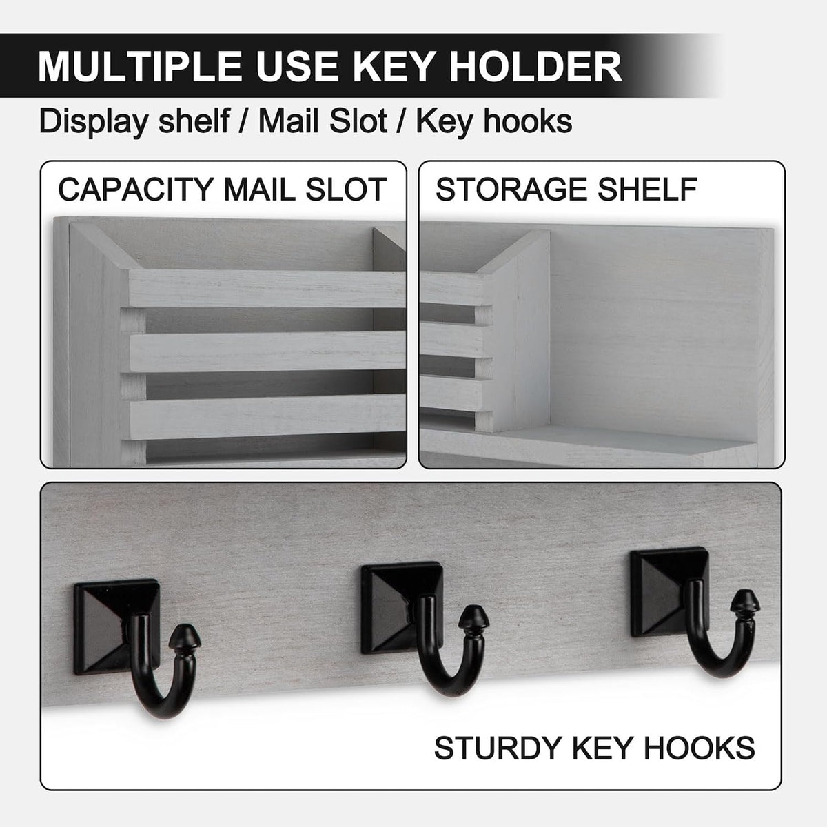 Key Holder Wall Mount, Mail Organizer for Wall with 5 Square Key Hooks