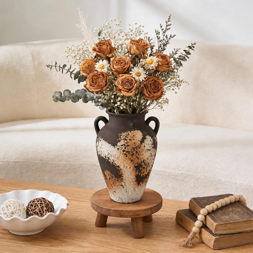 Brown Ceramic Clay Vase with Handles, Vintage Flower Vase for Home Decor