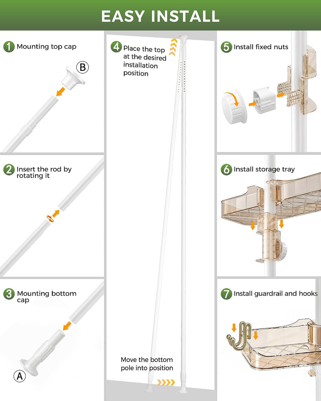 Shower Caddy Tension Pole, Bathroom Organizer Shelves, Amber