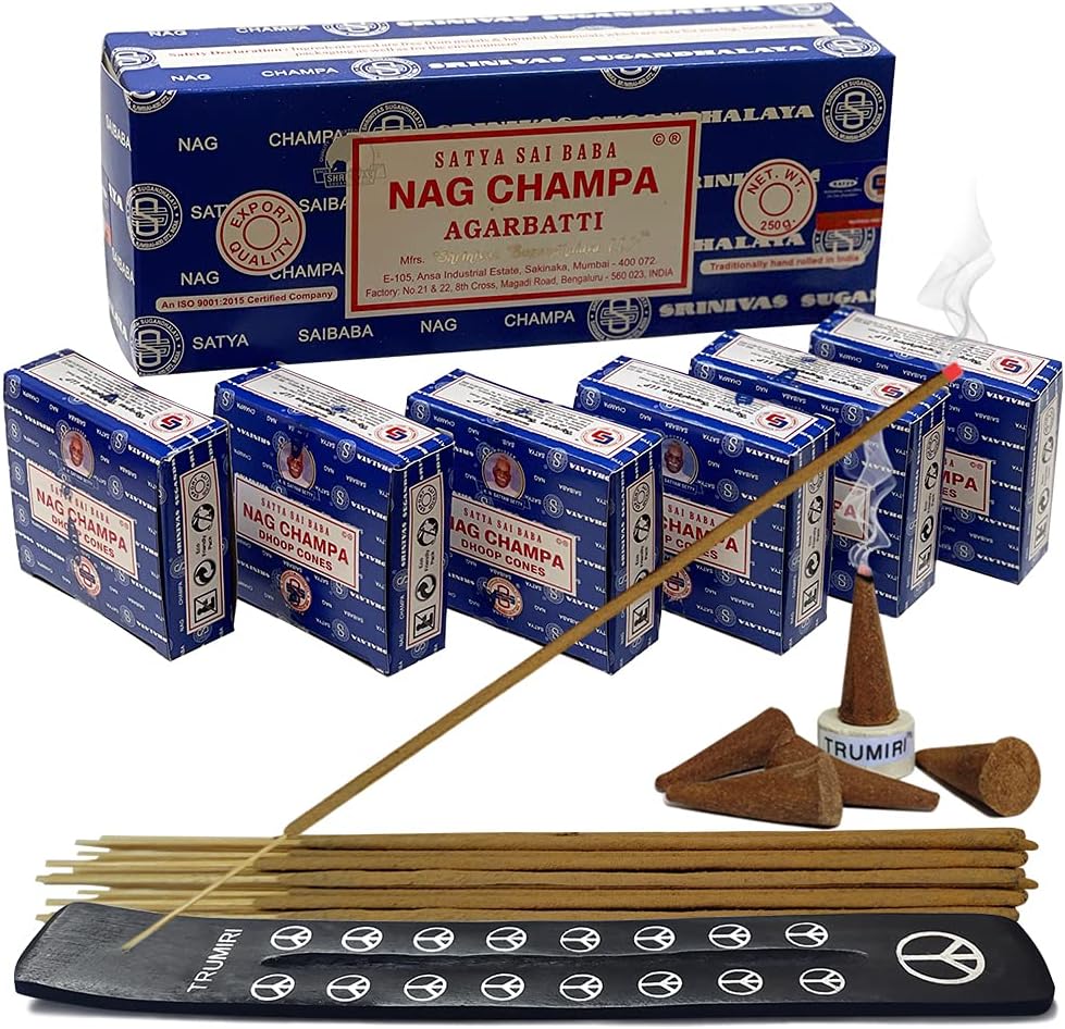Nag Champa Incense Sticks 250g and Cones Variety Pack with Burner Holder Bundle from Satya Incense 250g Trumiri for Smudging and Aroma