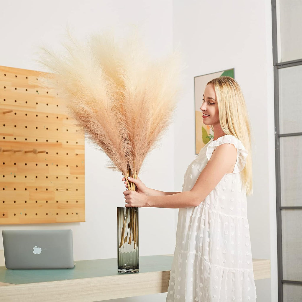 Faux Pampas Grass Decor, 6 Stems Artificial Pampas Grass - 43 inch Tall Pompass Grass Large Pompous Boho Flower Arrangement Home Decor for Room Wedding Party