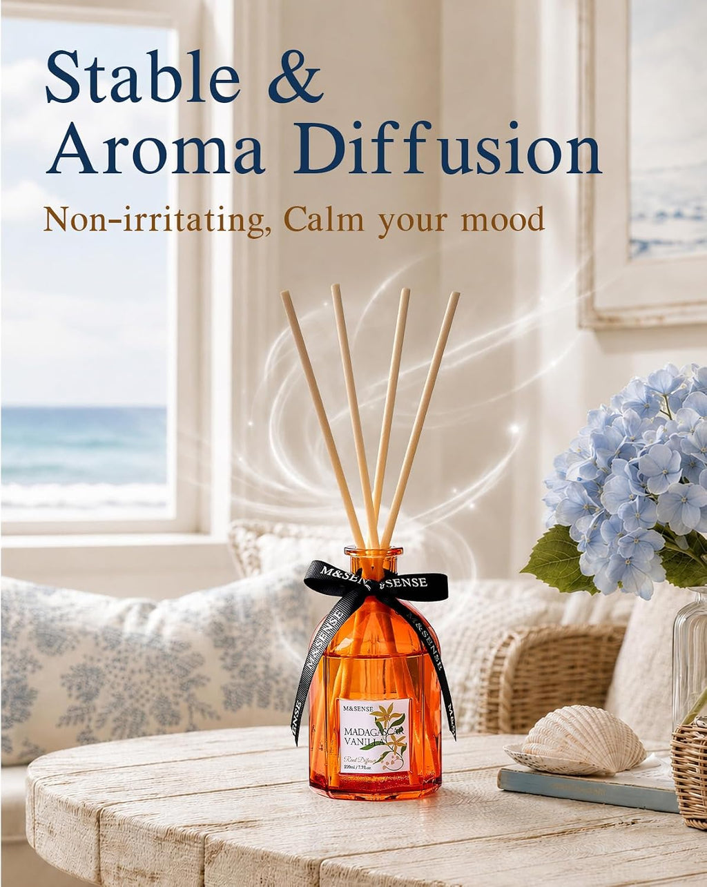 M&SENSE Reed Diffuser, Madagascar Vanilla, 7.7 oz Natural Essential Oil