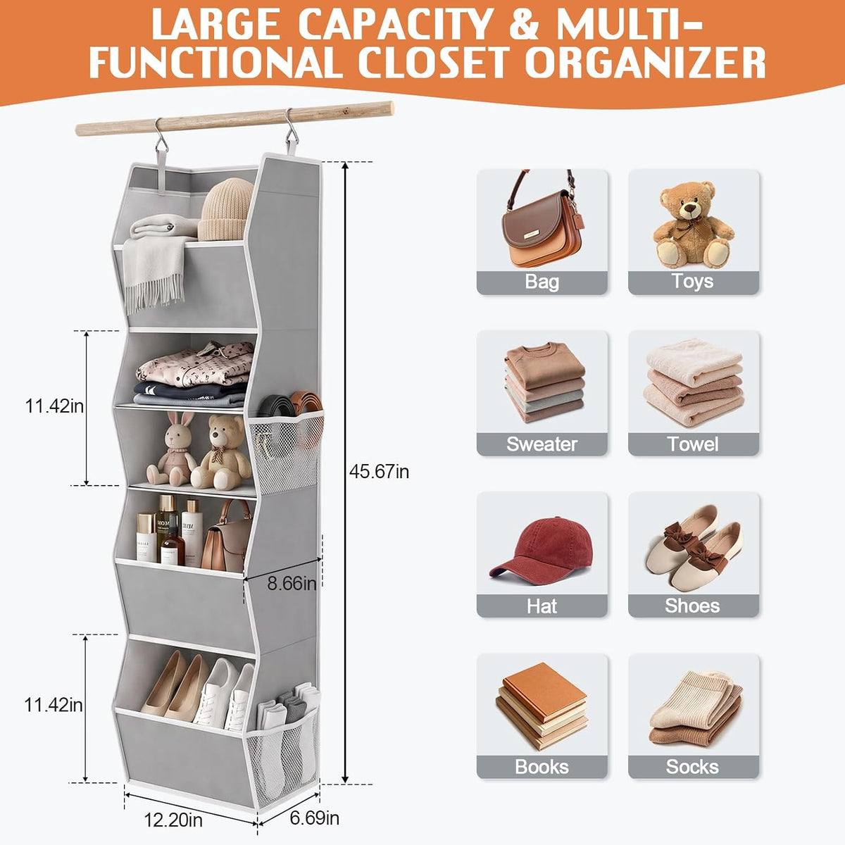 sutinban Hanging Closet Organizer 5 Shelf with 4 Side Mesh Pockets, Foldable Closet Organizers and Storage Hanging for Wardrobe, Closet Rod & RV Camping, Front Anti-Slip Support, Grey