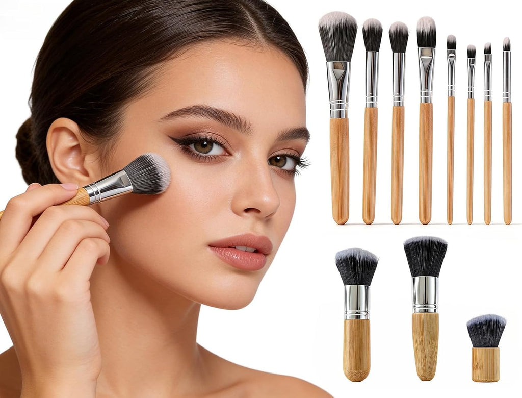 Makeup Brush Holder with 11 Pcs Bamboo Makeup Brush Set for Vanity