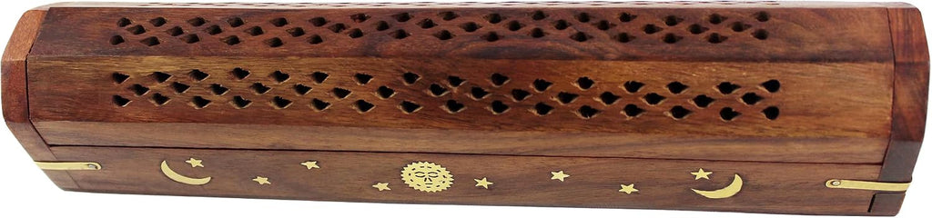 COTTON CRAFT Sheesham Wood Incense Burner Holder -Sun Moon Star Brass Inlay