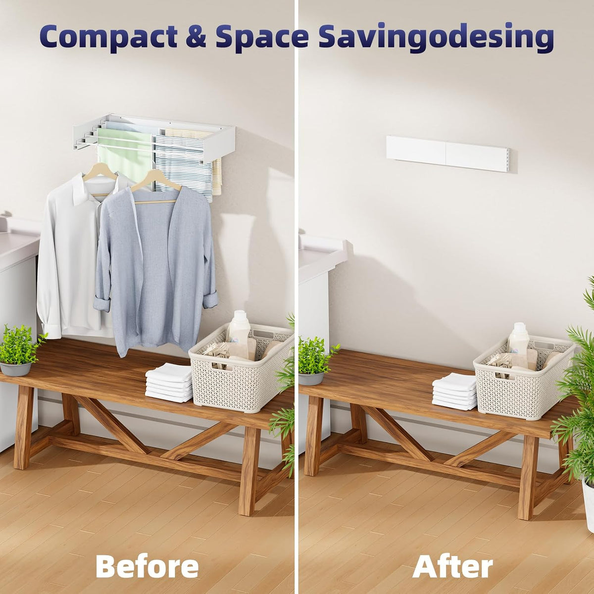 ZMBESUP Wall Mounted Drying Rack, 23.4" Foldable Clothes Drying Rack for Laundry Room Organization, Space Saving Retractable Laundry Rack for Small Space Apartment Bathroom Balcony (White)