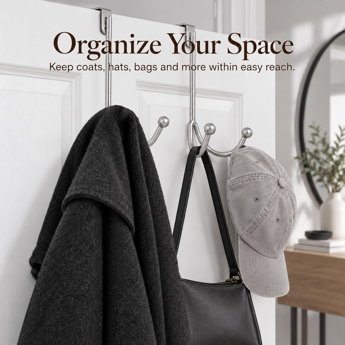 HFHOME 2Packs Over the Door Double Hanger Hooks, Metal Twin Hooks Organizer for Hanging Coats, Hats, Robes, Towels- Silver