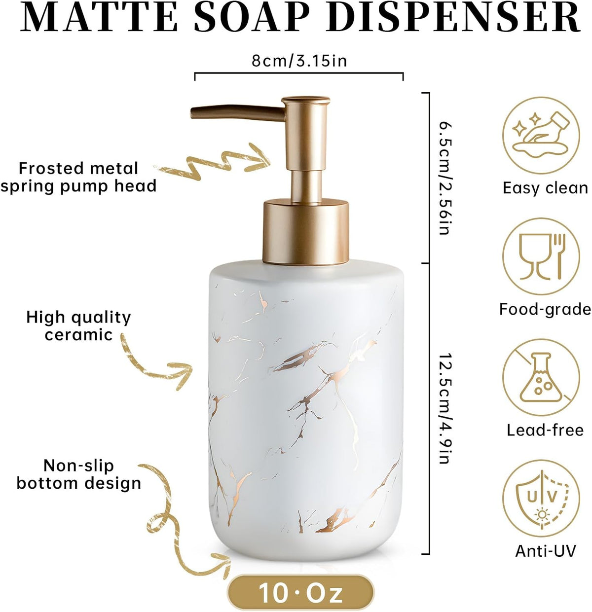 Gold Soap Dispenser, Dish Soap Dispenser for Kitchen Liquid Soap Pump Dispenser for Shower, Ceramics Refillable Hand Soap Lotion Dispenser, Shampoo Lotions Bottle for Bathroom, 10.5 OZ (White).