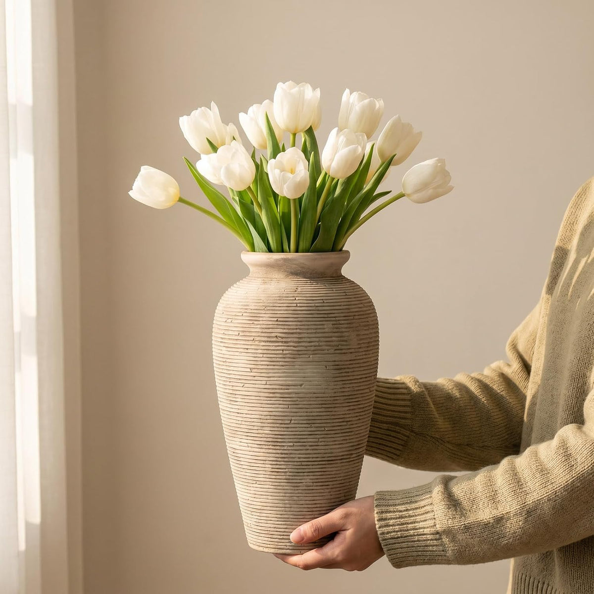 11.02 Inch Tall Vintage White Ceramic Flower Vase, Rustic Farmhouse Beige Stone Texture Vase for Home Decor, Decorative Terracotta Vase for Table Centerpiece Living Room Bathroom (Rustic-11.02'')