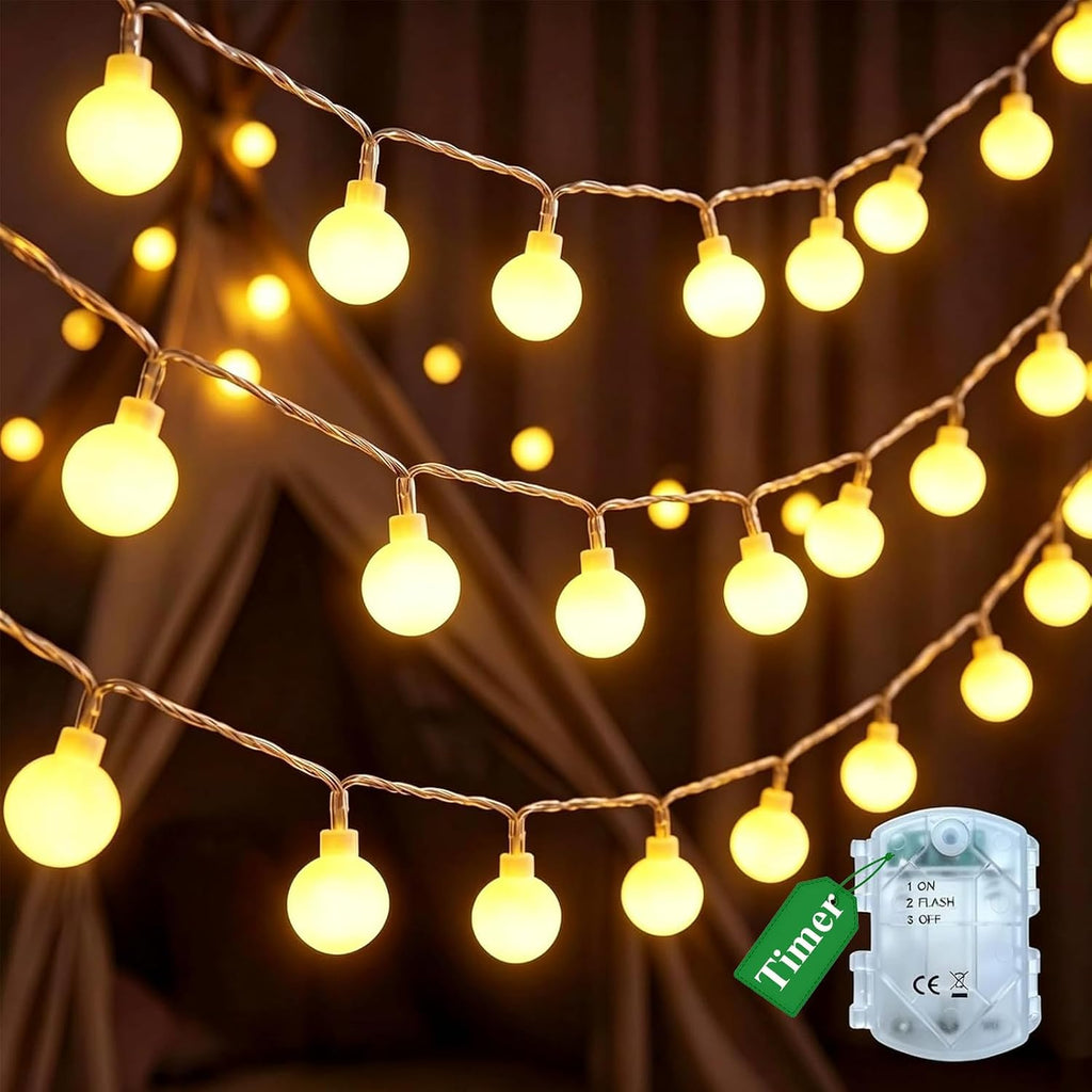 Battery Operated String Lights with Timer, 17FT 50 LED Globe Twinkle Christmas Lights, Waterproof Fairy Lights for Indoor Outdoor Bedroom Classroom Camping Christmas Decor, Warm White
