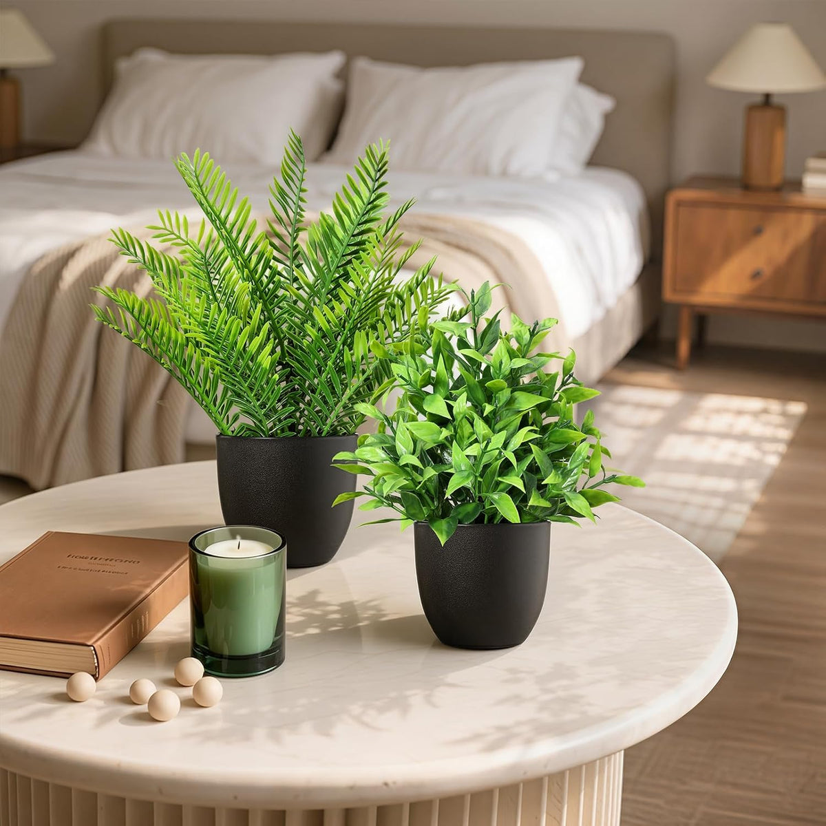 4 Pack Small Fake Plants in Black Pots Fern Eucalyptus Mix