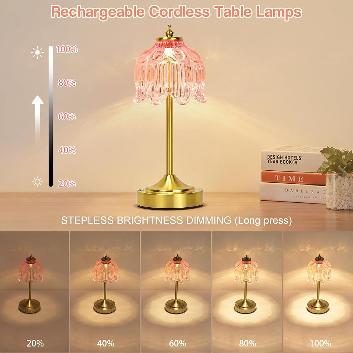 Cordless Table Lamp, Rechargeable Pink Glass Lotus Flower Lamp