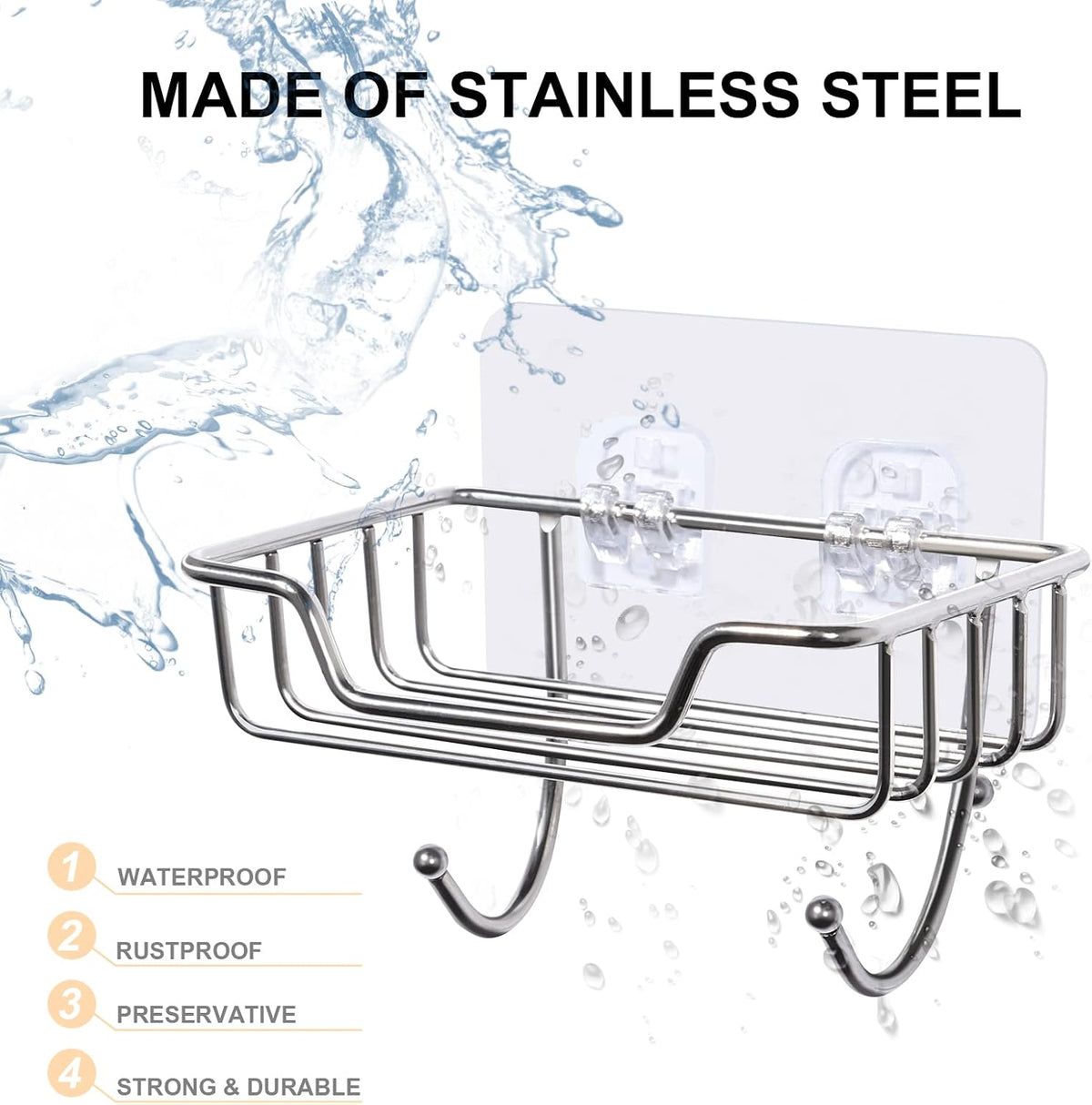 Uten Bar Soap Holder for Shower Wall, Soap Dish Holder with Hooks, No-Drill Stainless Steel Soap Sponge Holder for Bathroom, Silver