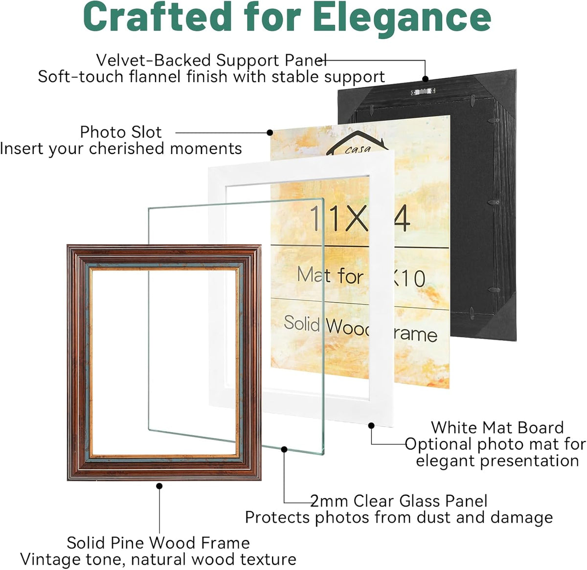 11x14 Vintage Picture Frame, Gold Finish with Real Glass Front, 11 x 14 Photo Frames Elegant Design for Wall, Perfect for Home, Art, or Wedding Photos, Gift