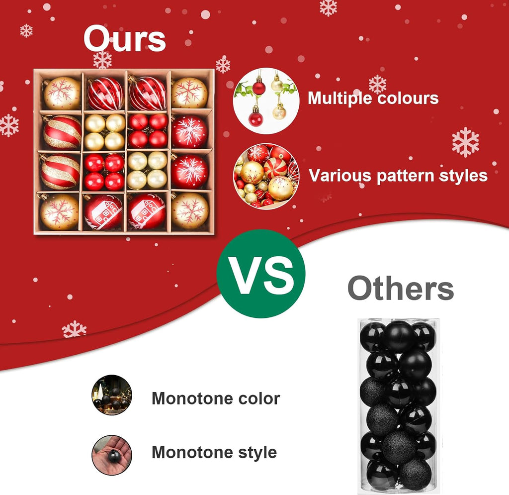 PEMOTech 88ct Christmas Tree Balls Ornaments, Colored Shatterproof Plastic Decorative Baubles, Hanging Ornament Decorations for Xmas Tree Decor Holiday Party Wedding Wreath Garlands Trees(Red & Gold)