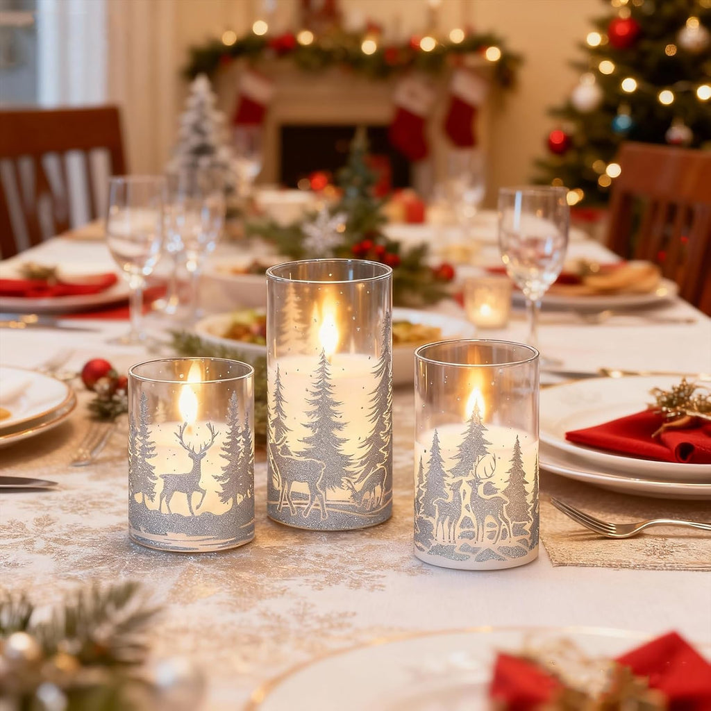 Christmas Deer LED Glass Flameless Candles Battery Operated Remote Timer