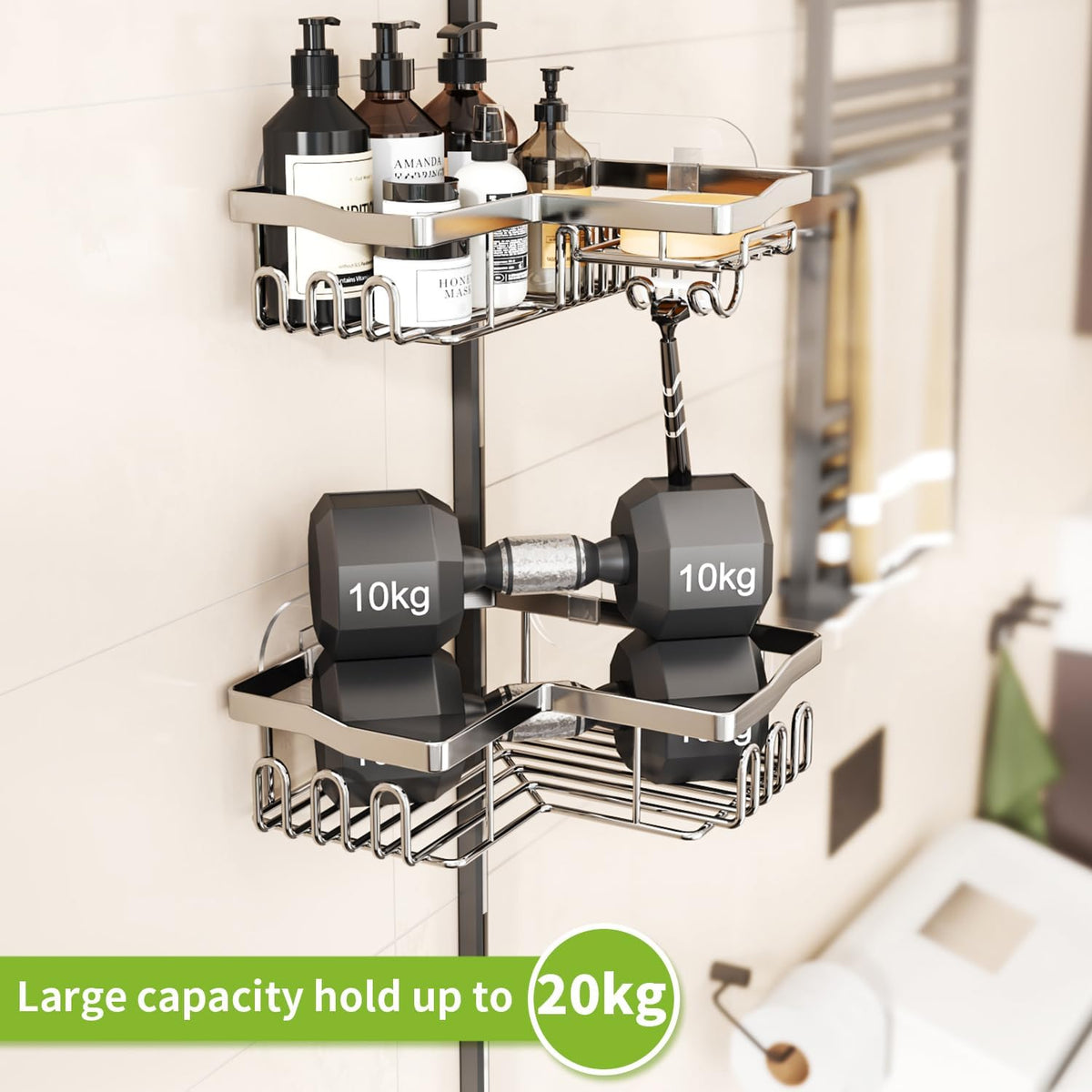 SWTYMIKI Shower Caddy Corner with Soap Holder, 2-Tier Stainless Steel Corner Shower Organizer with 11 Hooks, No Drilling & 6 Strong Adhesives Bathroom Shelf Organizer, Silver - 2 Tier