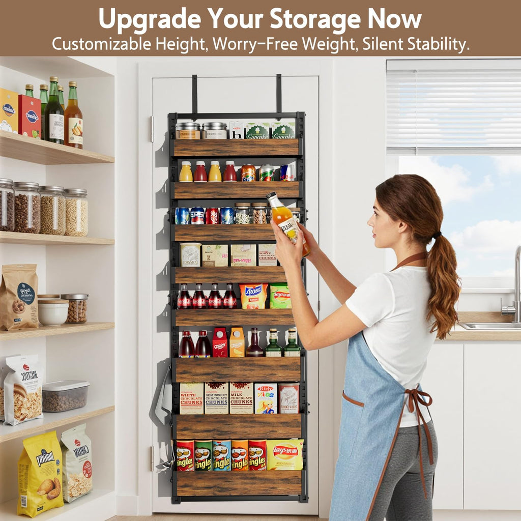 Over the Door Pantry Organizer: Pantry Organization and Storage with Hanging Shelves - 8-Tier Adjustable Basket Metal Spice Rack for Kitchen Bathroom Bedroom & Laundry Room