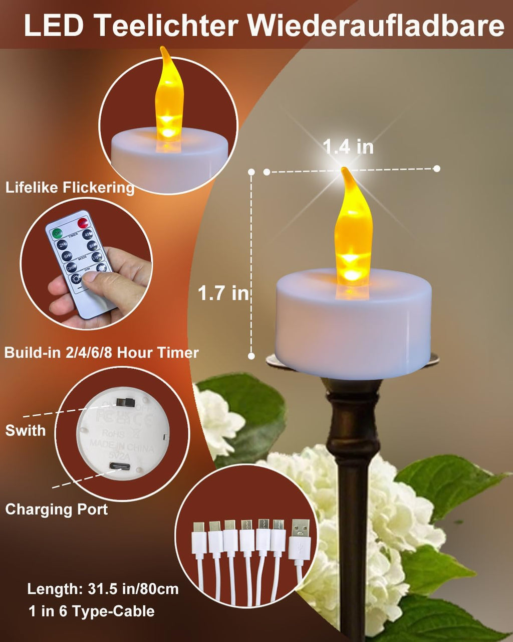 Rechargeable Tea Lights with Remote Timer,Battery Operated Flameless LED Tea Lights Candles with USB Rechargeable for Halloween,Christmas,Weddings,Birthdays 12-Pack(Warm Yellow)