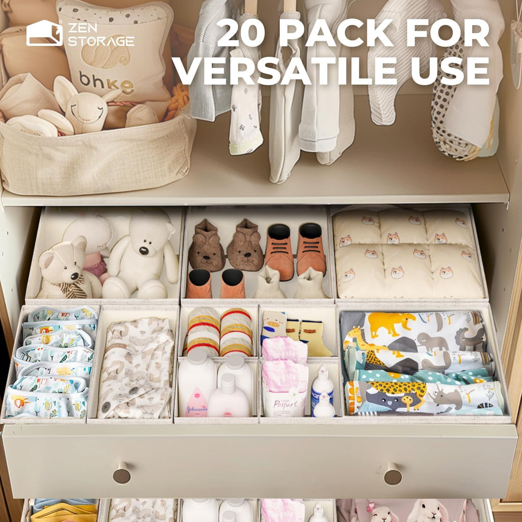 ZenStortage Cotton Linen Baby Drawer Organizers for Nursery, 20Pack Beige