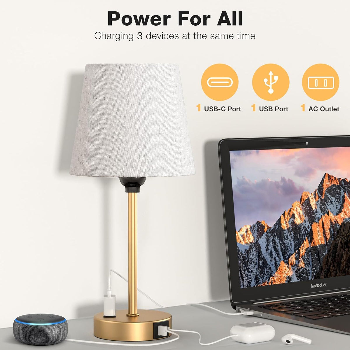 Gold Bedside Lamps Set 2 for Bedroom - Dimmable Touch, USB C+A, AC Outlet