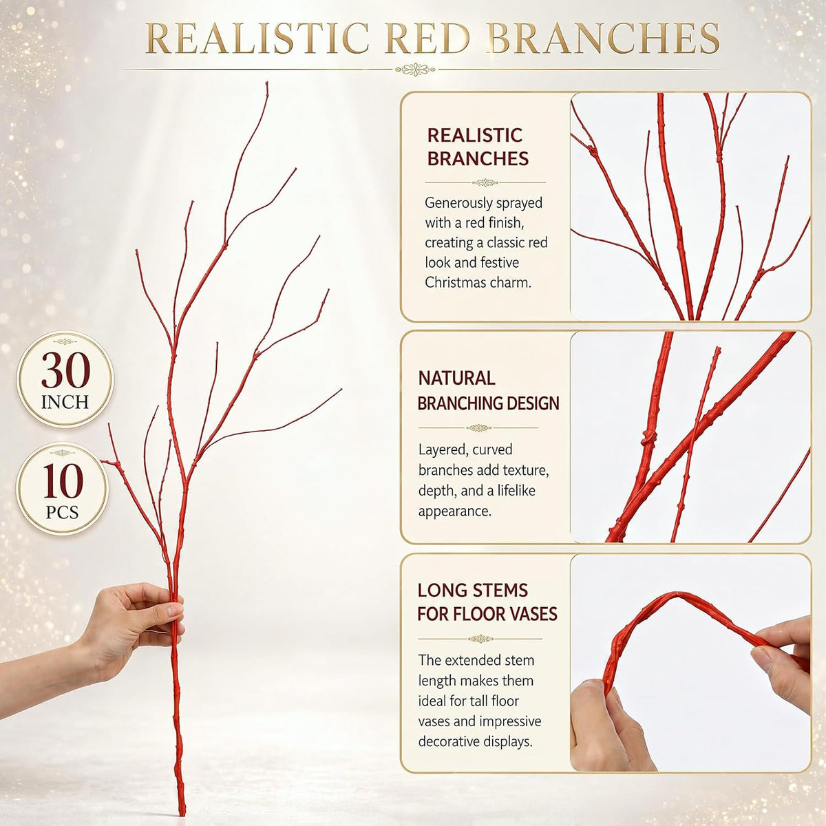 Wavwavw 10 Pcs Christmas Artificial Red Twig Branches, 30 Inch
