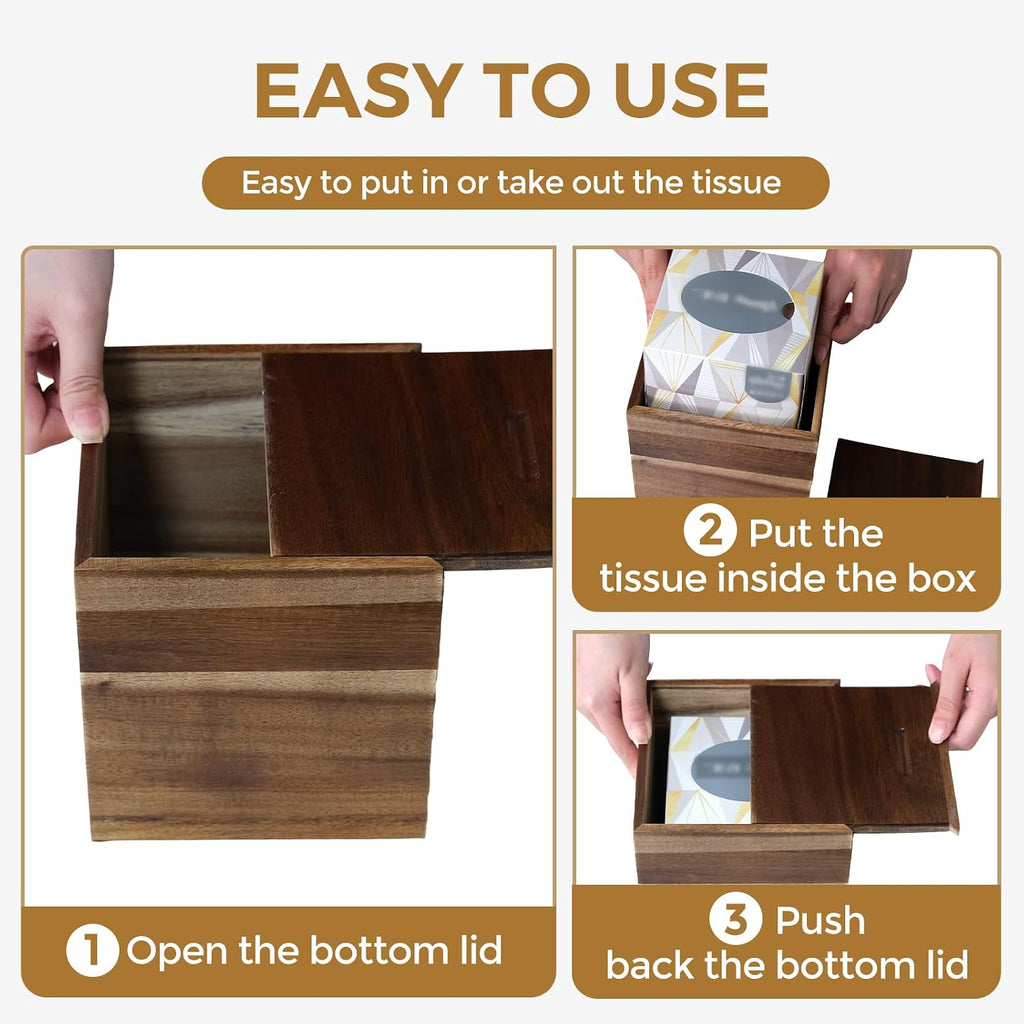 2 Pack Acacia Wood Tissue Box Cover，Wooden Tissue Box Holder Square