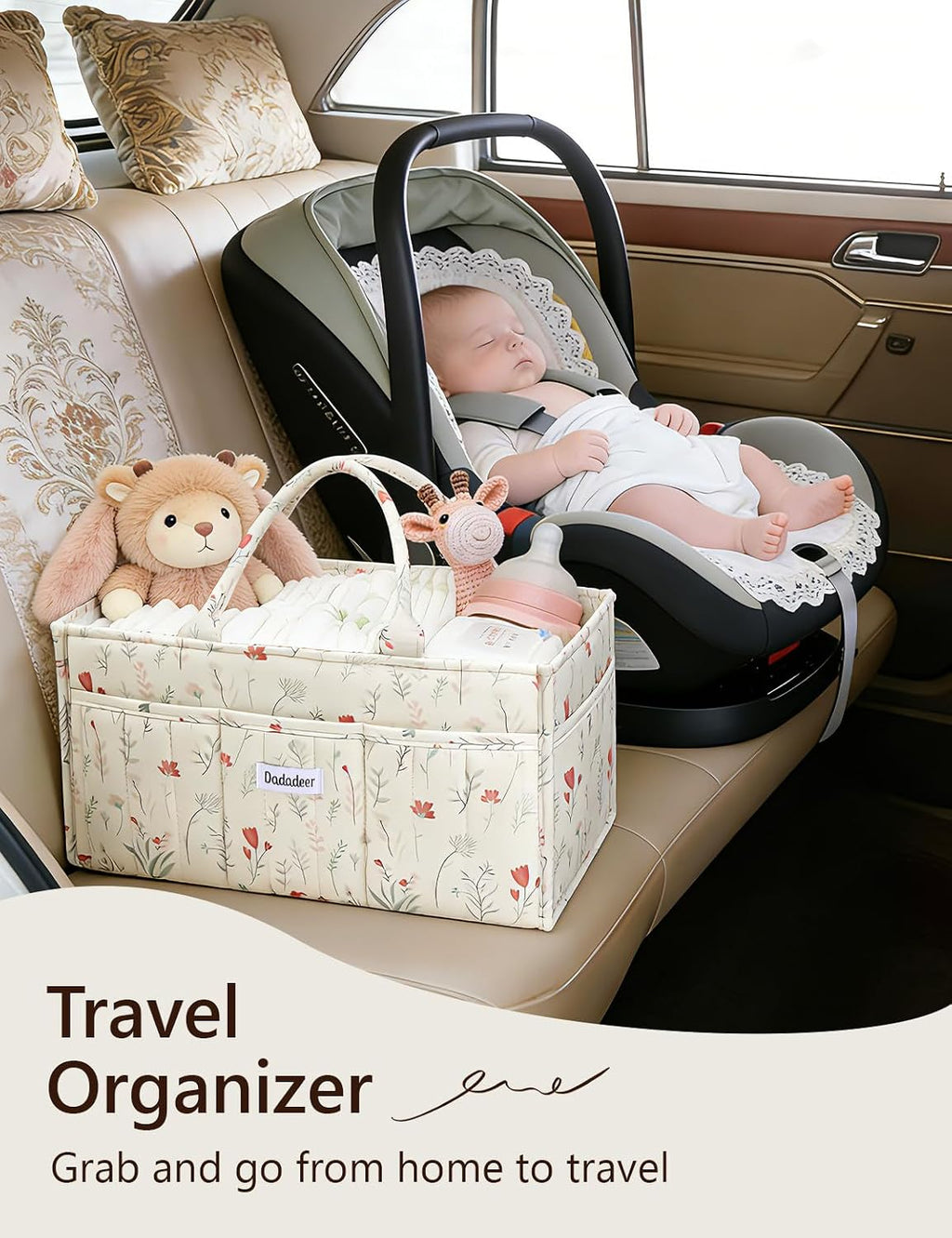 Quilted Floral Diaper Caddy Organizer, Nursery Storage Basket with Dividers
