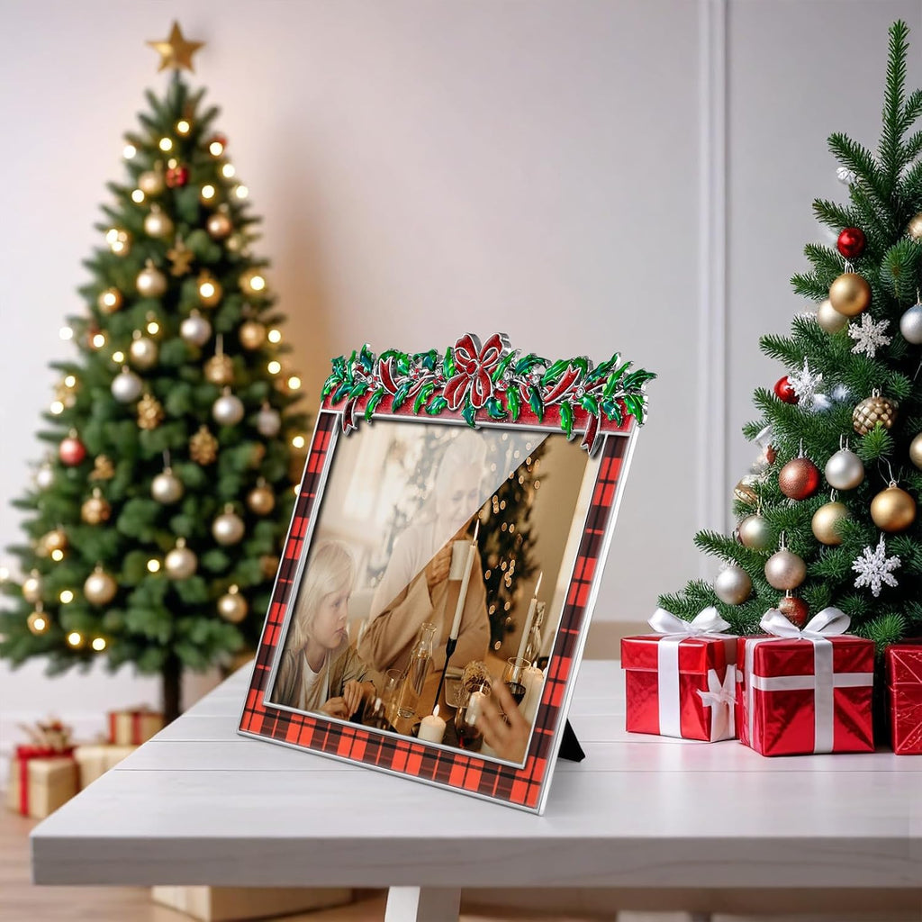 Christmas 5x7 Picture Frame Christmas Metal Display Photo Frames with Rhinestone High Definition Glass Front Gift Ideas Tabletop Home Decorative (Red Grid)