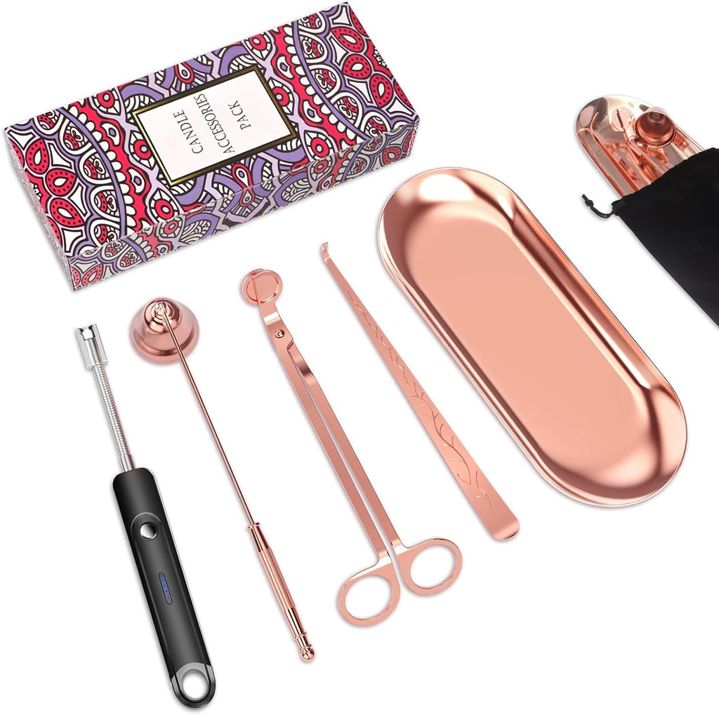 5Pcs Accessory Set with Rechargeable Electric Lighter, Storage Tray, Wick Trimmer, Snuffer, Dipper, Stainless Steel Care Kit Gift Package for Candle Lover Rose Gold