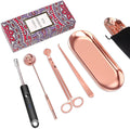 5Pcs Accessory Set with Rechargeable Electric Lighter, Storage Tray, Wick Trimmer, Snuffer, Dipper, Stainless Steel Care Kit Gift Package for Candle Lover Rose Gold