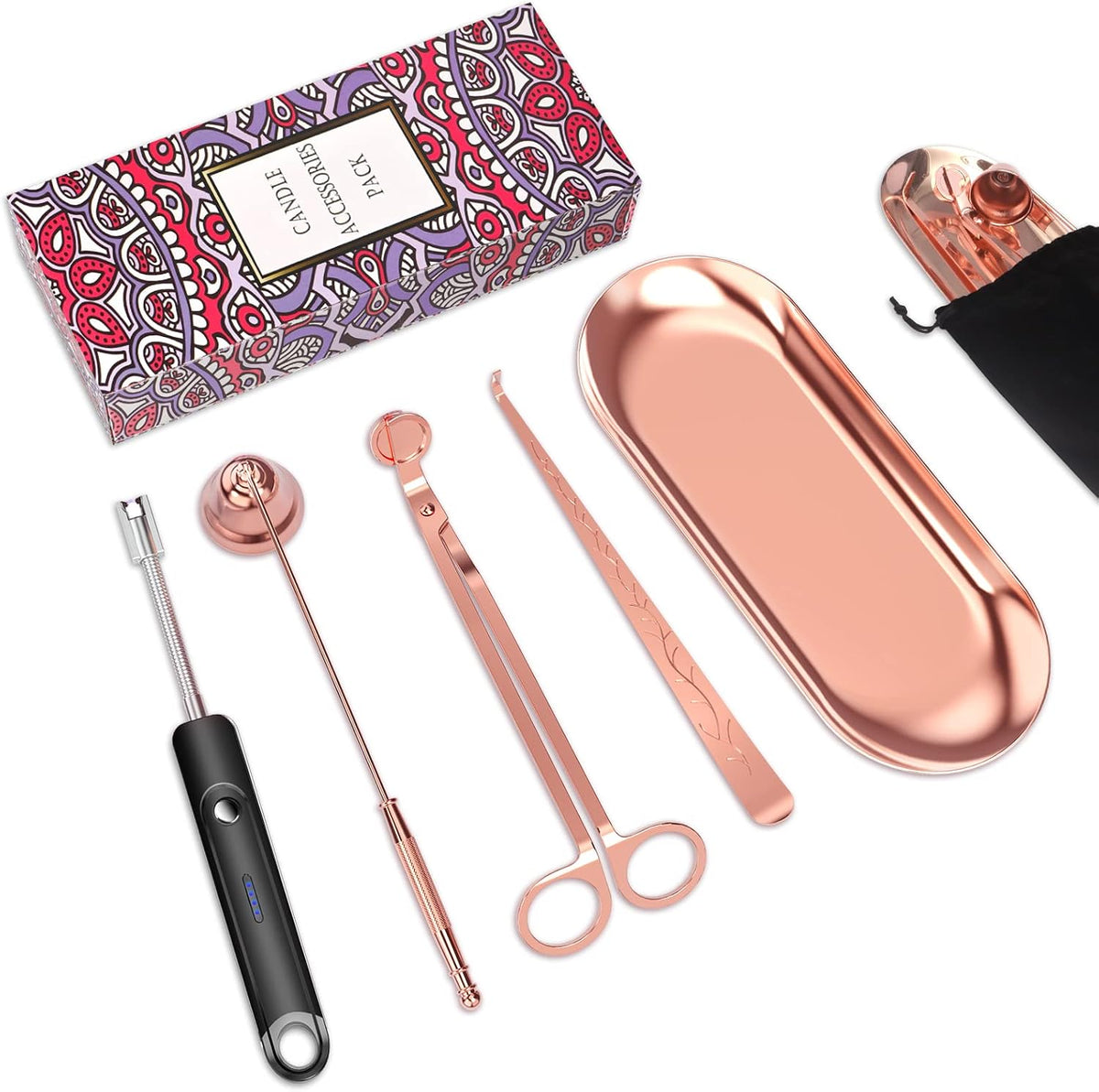 5Pcs Accessory Set with Rechargeable Electric Lighter, Storage Tray, Wick Trimmer, Snuffer, Dipper, Stainless Steel Care Kit Gift Package for Candle Lover Rose Gold