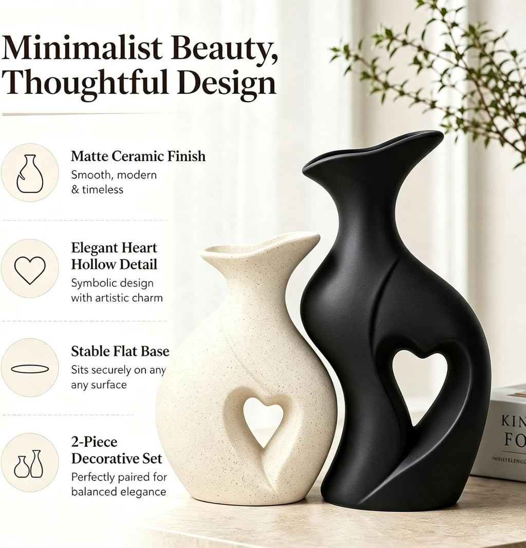 Modern Heart Ceramic Vases Flower Vase Set of 2 (Cream & Black)