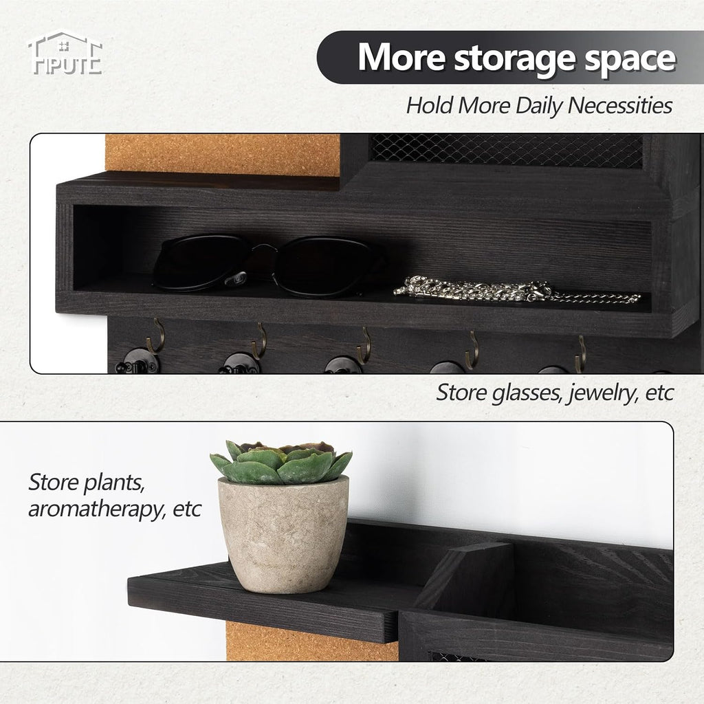 Key Holder for Wall with Mail Organizer,Farmhouse Mail and Key Holder for Wall,Key Hanger with ‌Metal 11 Hooks,Corkboard,and Shelf,Decorative Natural Pine Wood Entryway Organizer,14.6*11.1*3.3”,Black