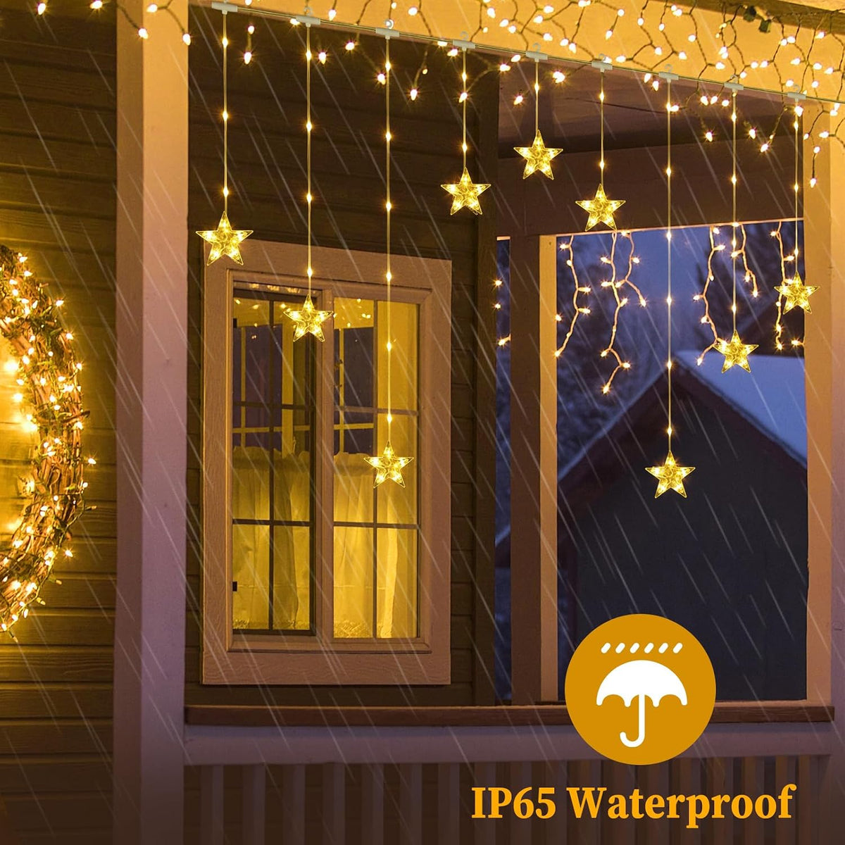 Marchpower 9 Stars Curtain Lights Warm White, IP65 Battery Operated Christmas Star Window Curtains with Timer & Memory Function, 76 LED String Lights with 8 Modes and 10 Hooks for Xmas Decor