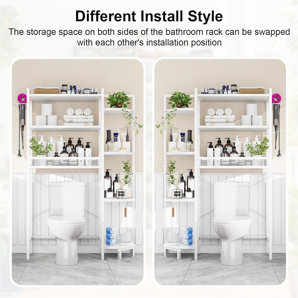 K1 Heavy Duty 7-Tier Over The Toilet Storage（With Basket and Paper Hook）Freestanding Above Toilet Shelf with Adjustable Feet，Space Saver Bathroom Shelves 9.3"D x 33.5"W x 63.8"H，Beige White