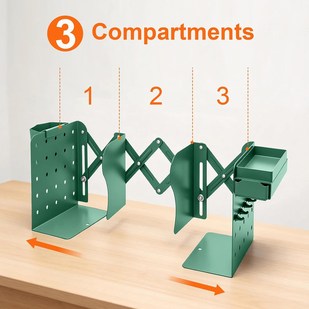 Adjustable Book Ends, Metal Bookends with Pegboard Book Holders Organizer