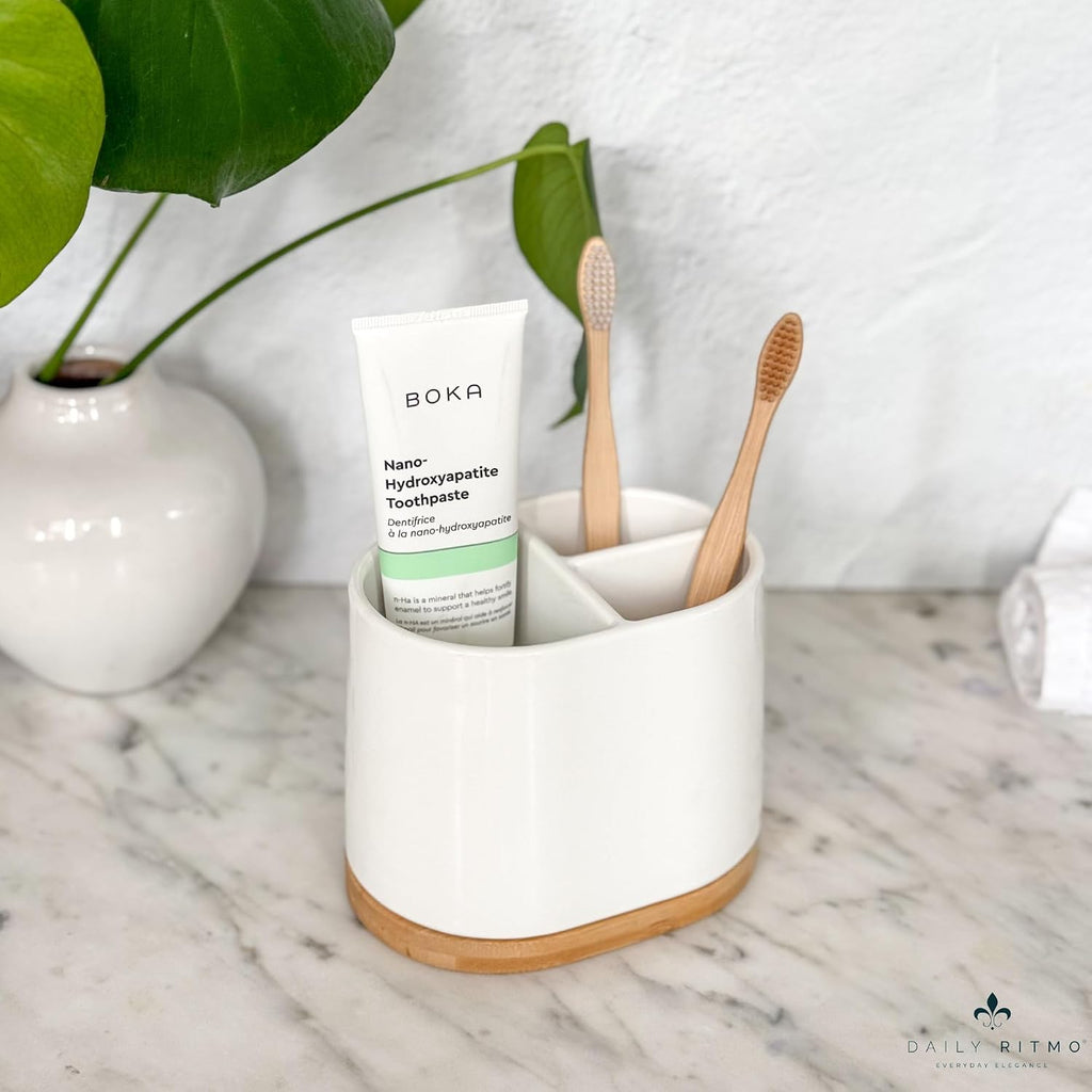DAILY RITMO® Large Toothbrush Holder for Bathrooms with Bamboo Base | Modern 3 Slots Compartment White Ceramic Marble Like Toothpaste Cup for Electric and Kids Tooth Brushes
