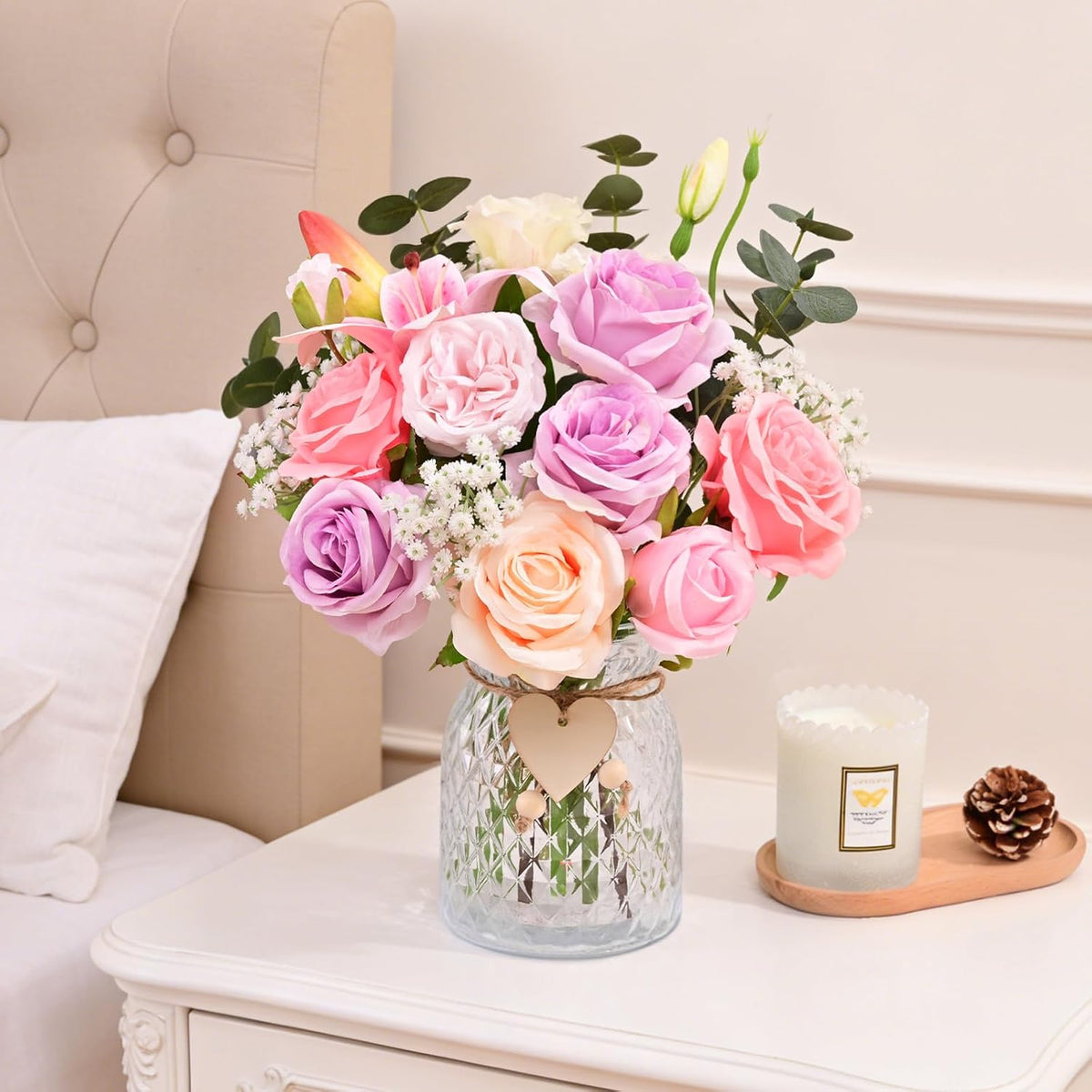 Livole 22Pcs Artificial Faux Flowers with Vase & Light Real Touch Flower