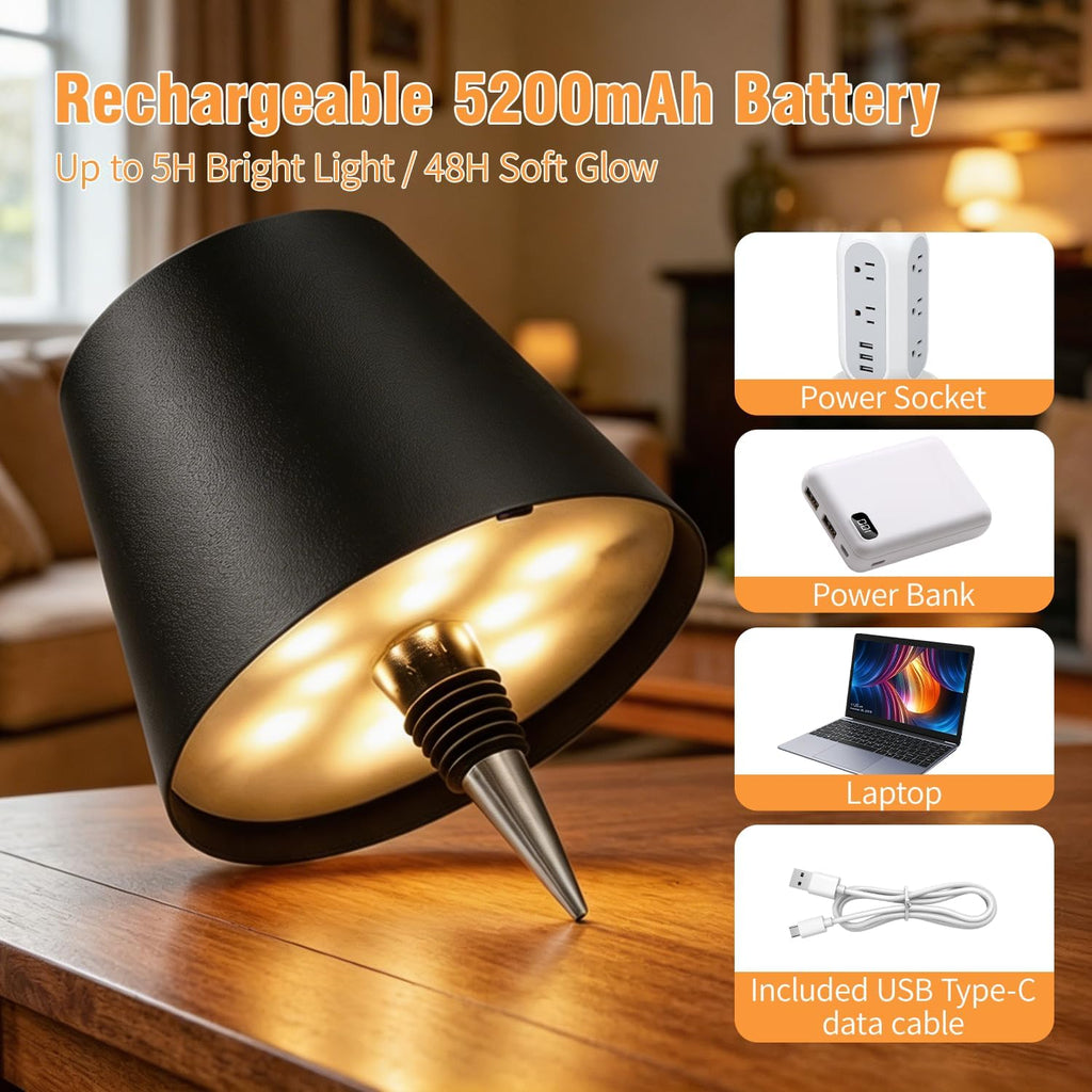 Wireless Bottle Lamp, Wireless Bottle Lamp Shade with 3 Color Temperature, Rechargeable Stepless Dimming LED Wine Bottle Lights for Any Bottle, Desk Lamp for Bedroom Restaurant Bar - Gold