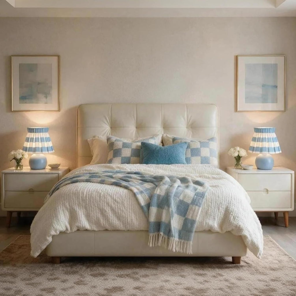 Ziqqeelam Blue White Plaid Small Bedside Table Lamp, Round Blue Base Nightstand Lamp, Cute Mini Table Lamp with Pleated Shade for Bedroom, Kitchen Counter, Bookshelf, Living Room, Kids Dorm