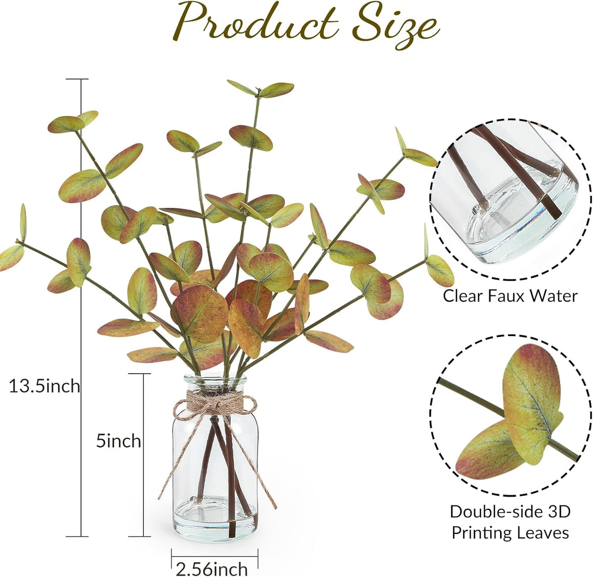 Bessol Artificial Eucalyptus Stems in Glass Vase with Faux Water, 13.5" Fake Plants for Home Decor, Coffee Table Centerpieces, Office, Bathroom & Farmhouse - Fall Dark Faux Plants Decorations
