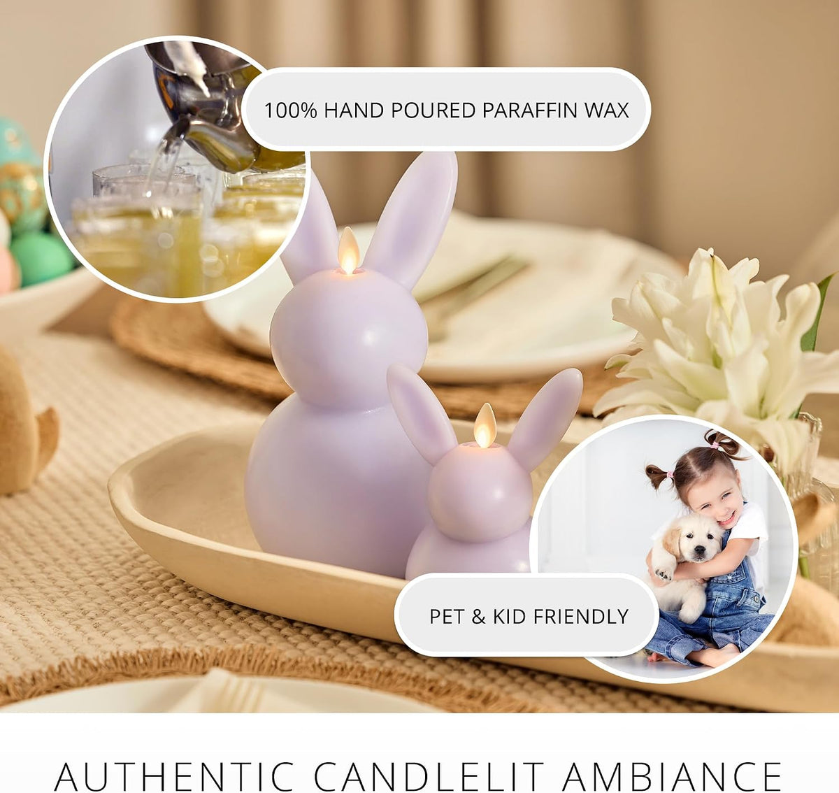 Luminara Easter Bunny Candle- Gentle Lavender 4.8" x 8"- Flameless Real-Flame Holiday-Inspired Decor- AA Batteries- Flickering LED Flame