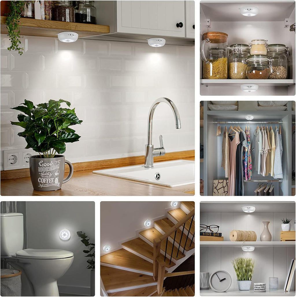 Alivation Motion Sensor Light Indoor, LED Closet Light Battery Operated, Night Light Under Cabinet Lighting, 3 AA Battery Powered, Puck Lights for Wall, Stair, Dimmable (6 Pack)